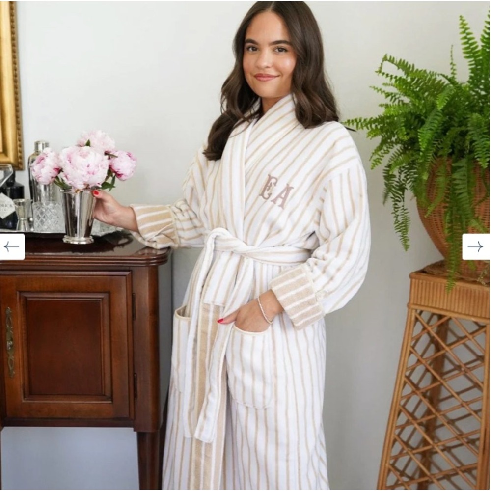 Weezie Women's Long Plush Robe Tan‎ White Striped Cotton Terry Cloth Spa Small